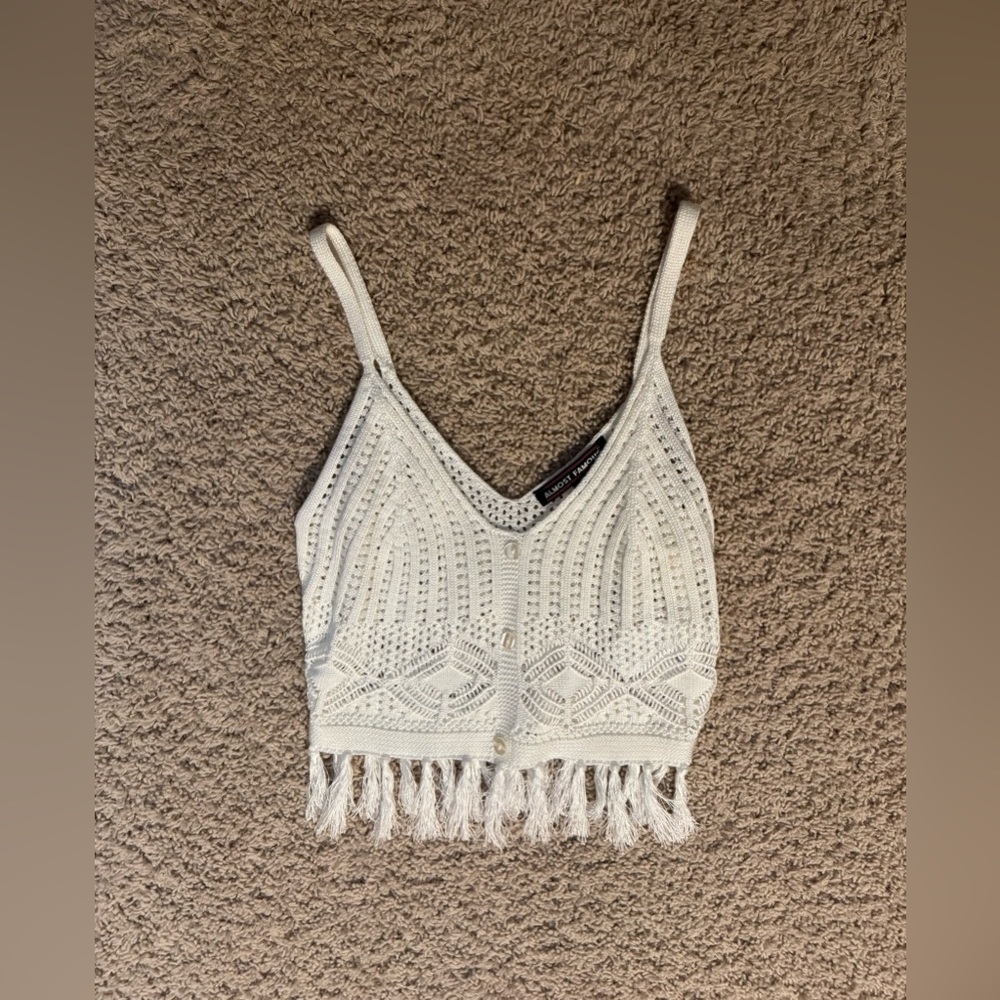 Almost Famous Cream Crochet Fringe Crop Top